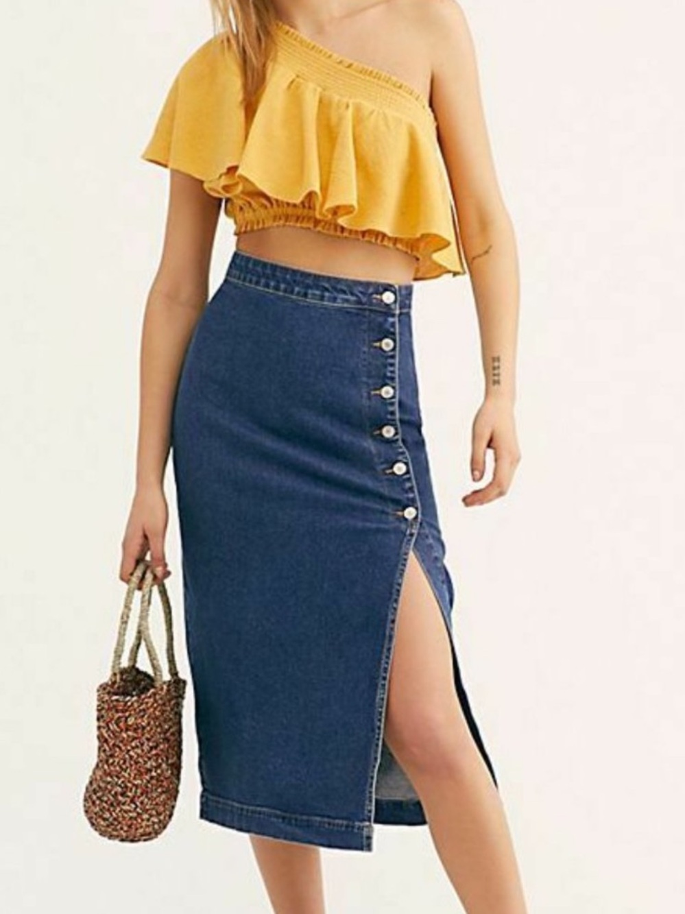 We The Free Free People Jasmine Buttoned Midi Dark Blue Jean Skirt with Slit